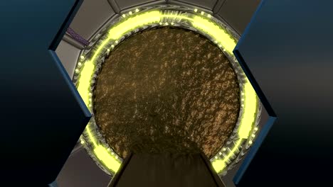 iron hatch는 우주선 풍경 장면에 대한 파노라마 뷰를 열어줍니다. 포털과 함께 공상 과학 복도의 3d 추상적인 배경.