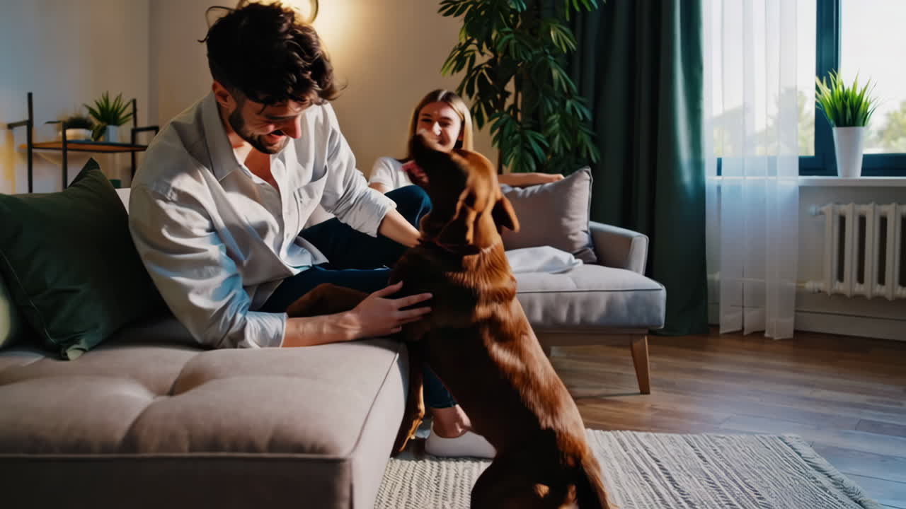 Couple playing with their dog in the living room