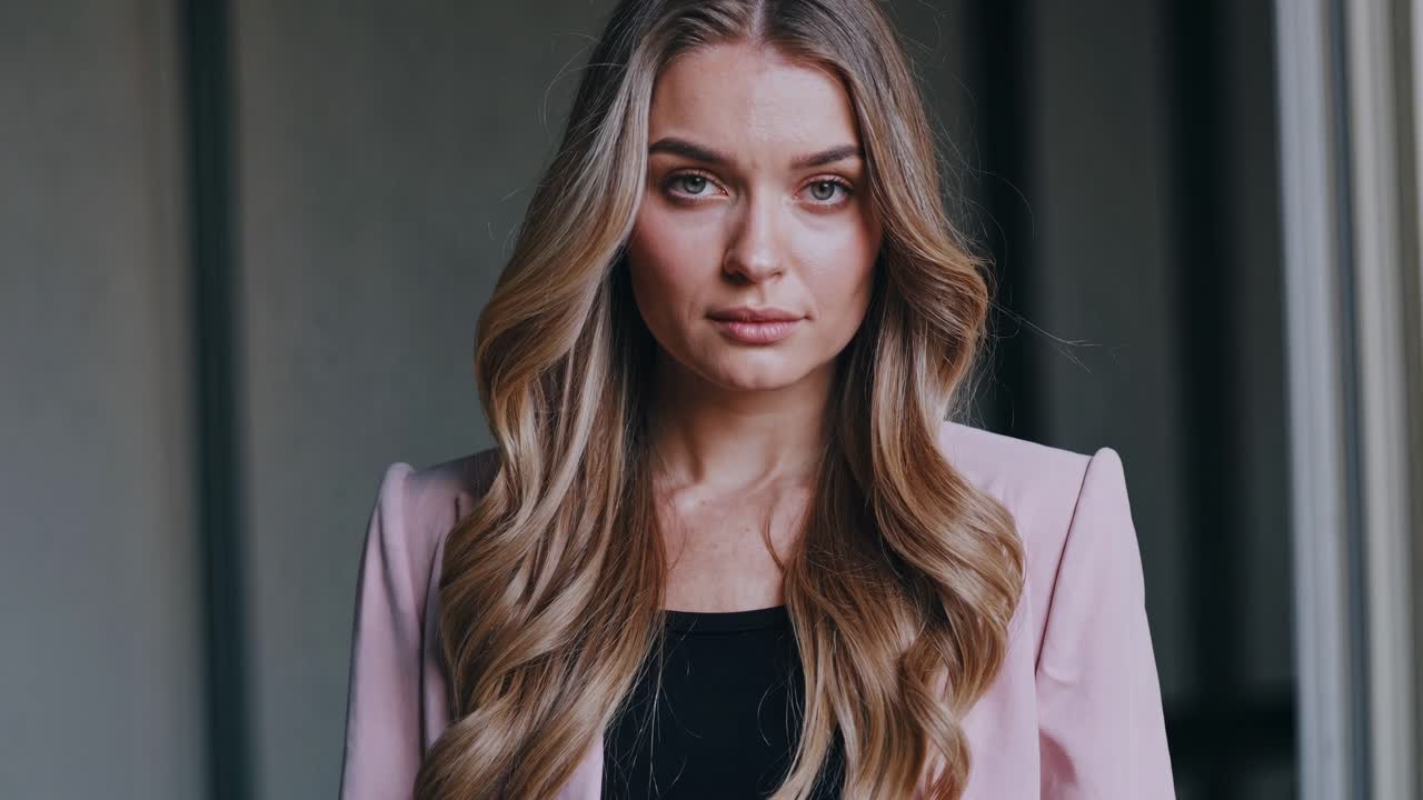 Professional businesswoman wearing pink jacket standing confidently, maintaining direct eye contact while showing nuanced facial expressions during studio portrait session