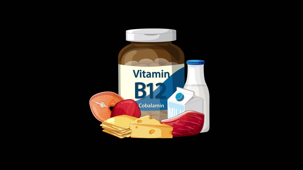 Vitamin B12 bottle with cheese, fish, eggs, and milk appears on black background, smooth transitions