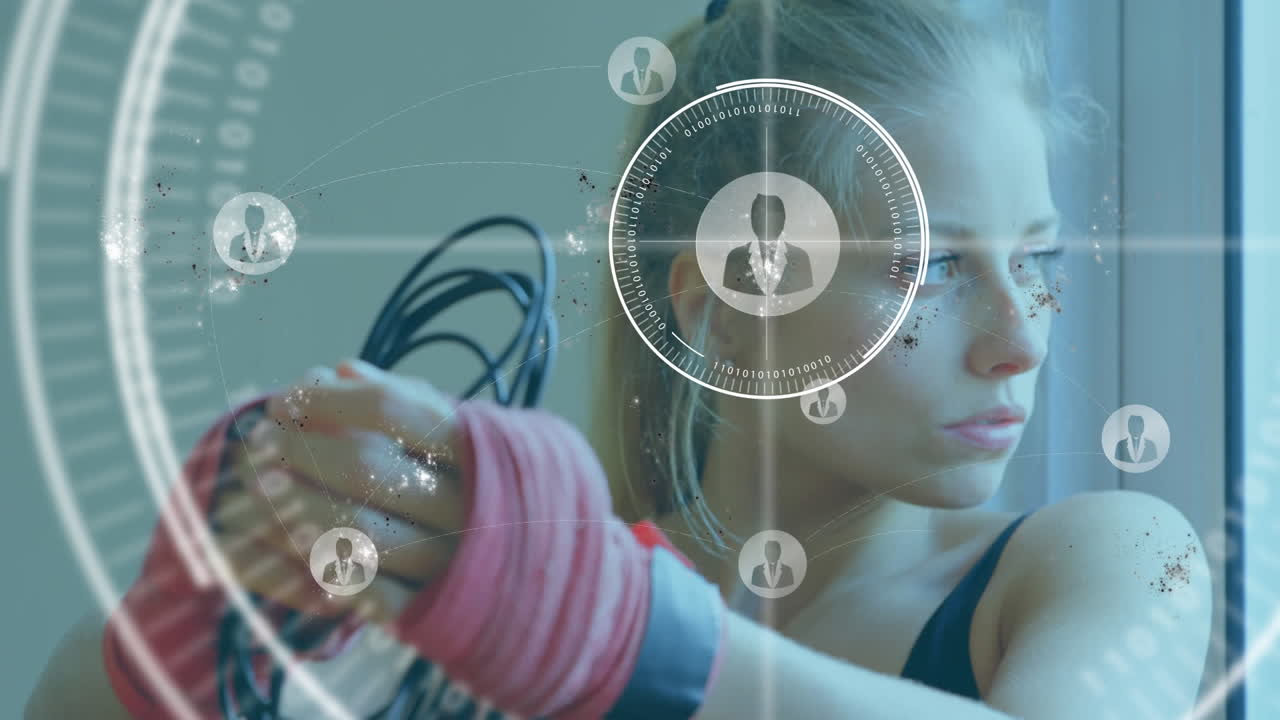 다수의 프로필 아이콘이 스 ⁇  스캔을 통해 여성 권투 선수가 점프 로프를 들고 있습니다.