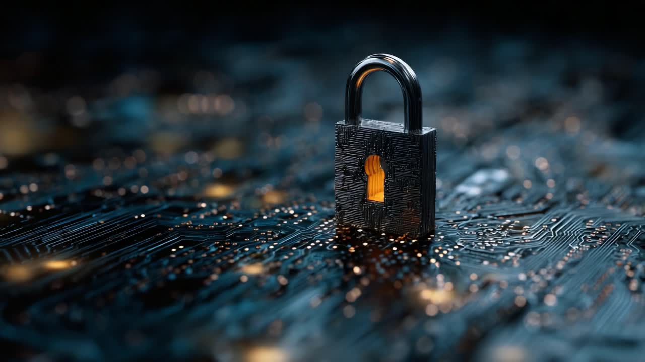 A digital padlock standing prominently on a circuit board background, symbolizing cybersecurity and data protection in a technology-driven world