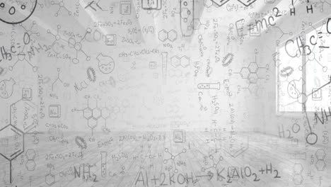 digital composition of chemical structures and diagrams floating against empty office