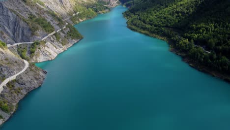 aerial view blue clear unpolluted natural park lake on the alps mountains region