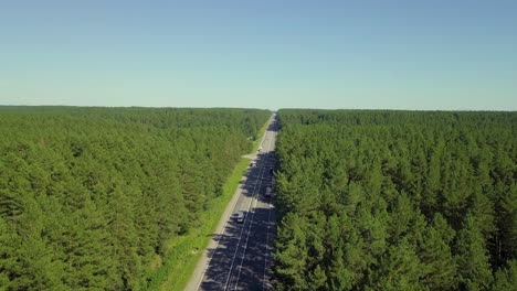 Cámara-Aérea-Lenta-Volando-Sobre-La-Carretera-Ubicada-En-Un-Denso-Bosque-En-La-Carretera-Pasando-Por-Automóviles-Y-Camiones