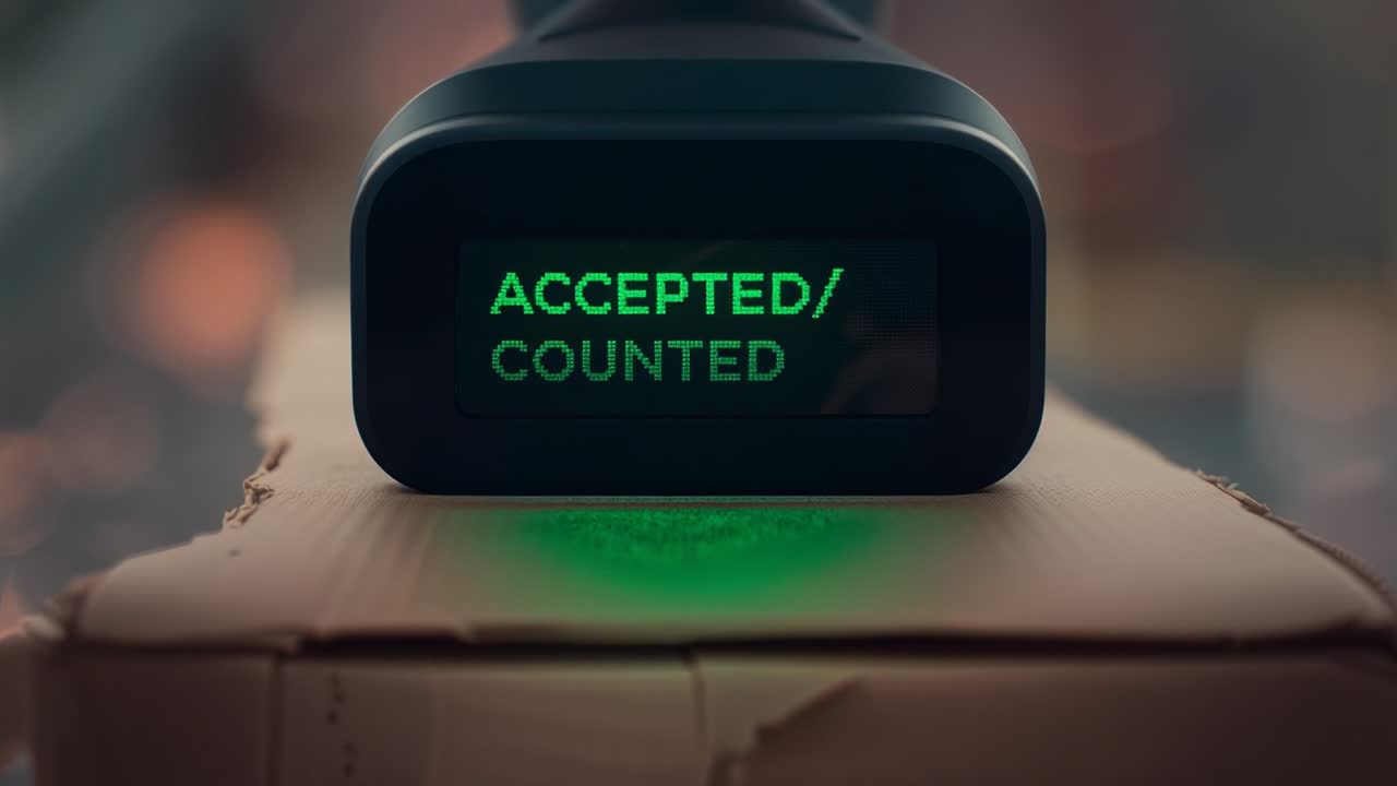 Sliding cardboard shipping box activating barcode scanner head at depot, confirming accepted count