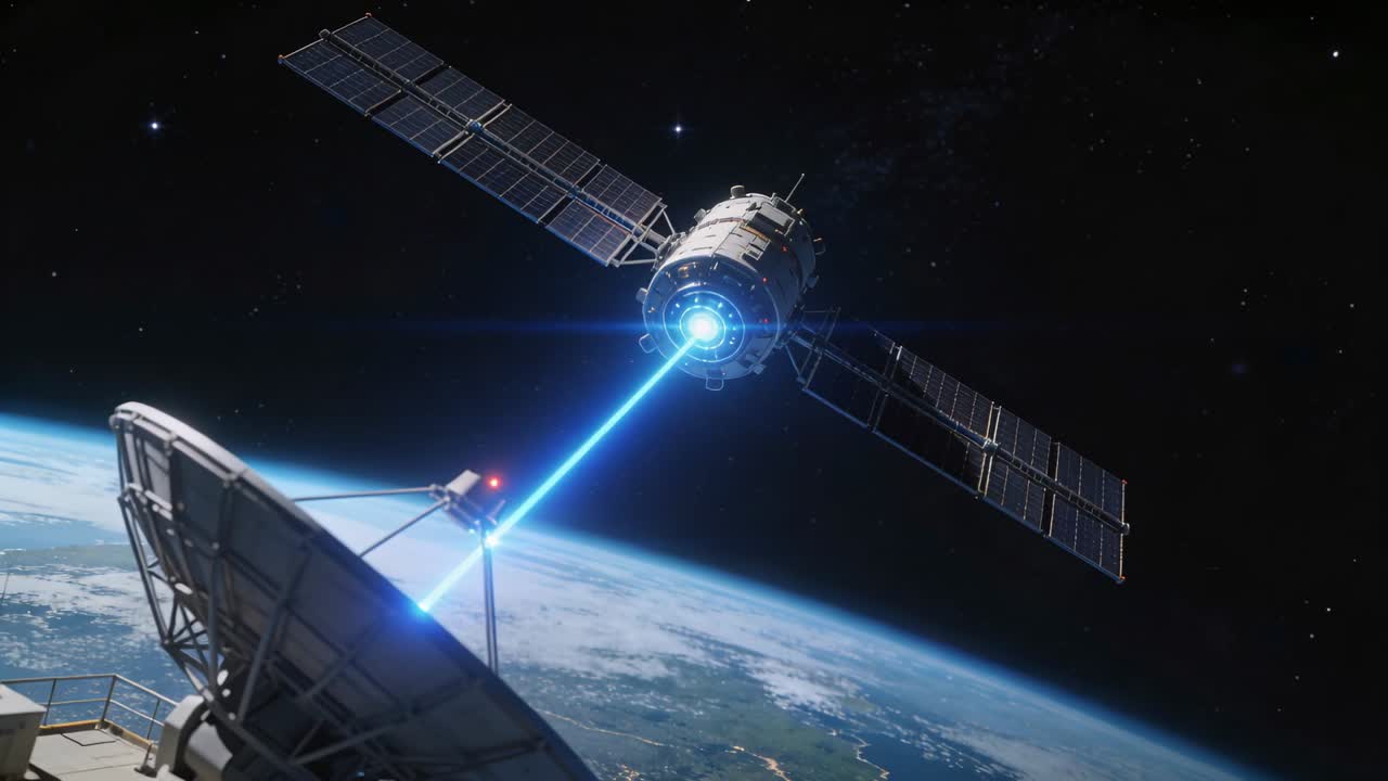 Emitteren tændes, kredsende satellit sender laserstråle til en tagantenne for datarelay, justerer sig.