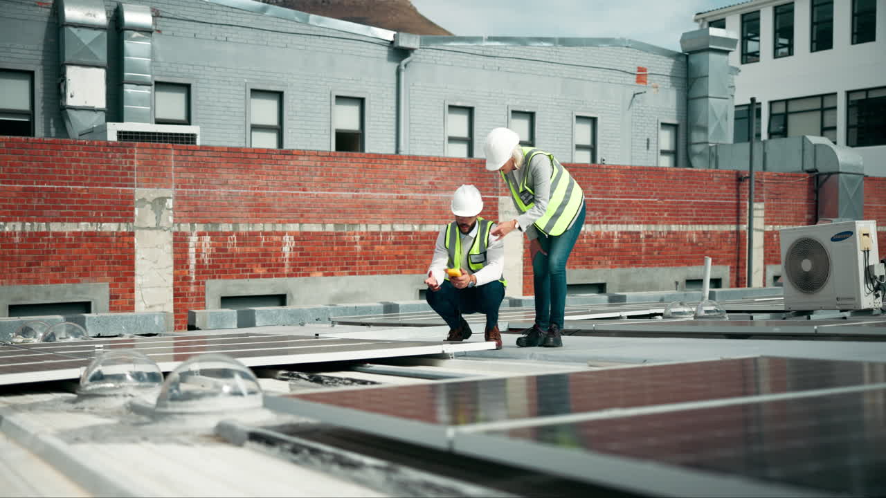 Engineers Inspecting Solar Panels on a Building Roof