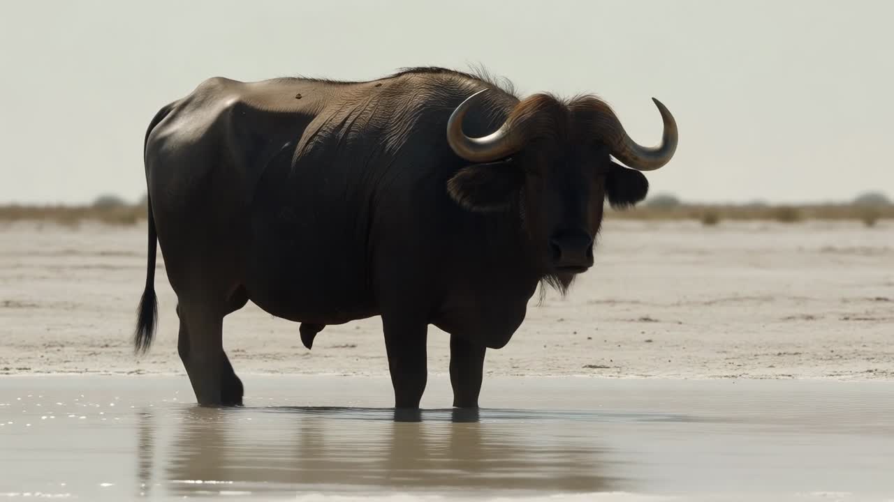 Finding shallow pool, African buffalo drinking, lifting head and entering salt pan water to drink