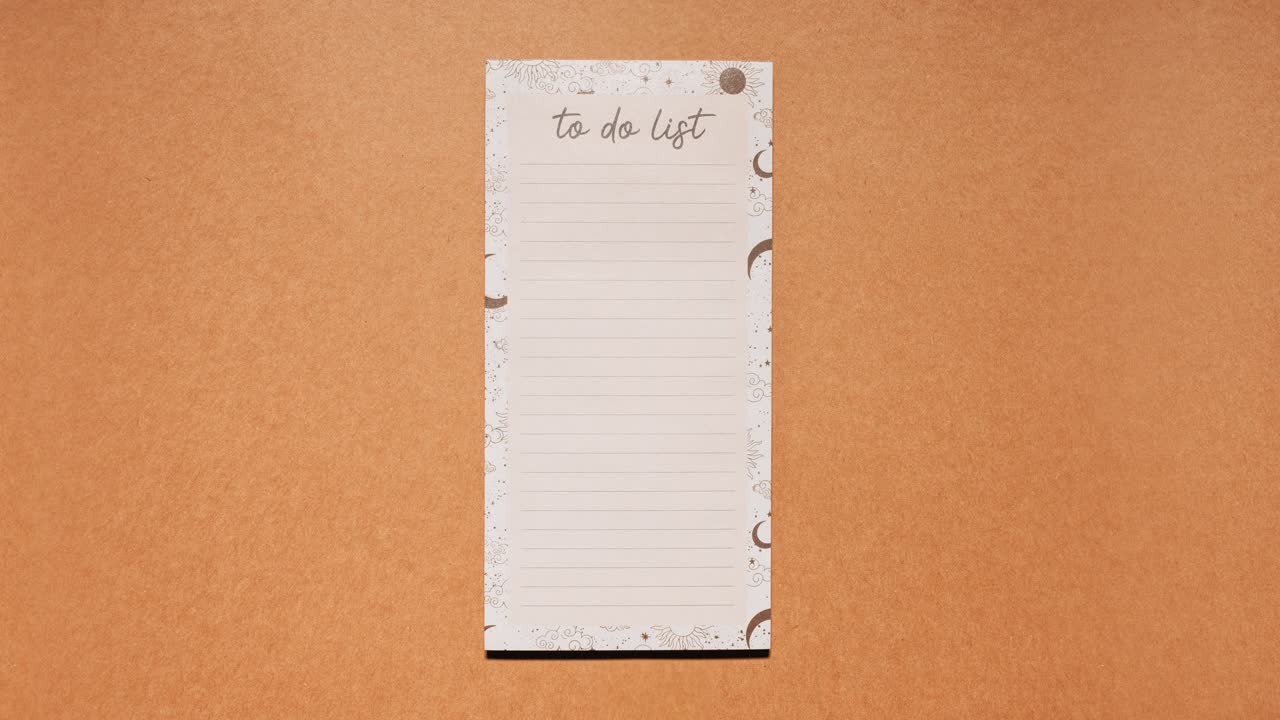 Stop motion of a lined to do list sheet sliding in and out on brown paper, loopable animation