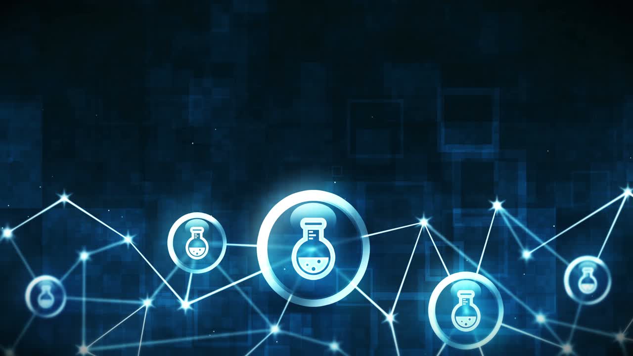 Polygonal space with connecting dots and lines. Wireframe polygon and icon. Round flask with liquid. Chemistry beaker icons floating. Medicine and Chemical connection.