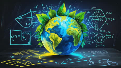 earth globe with green leaves and scientific formulas on chalkboard