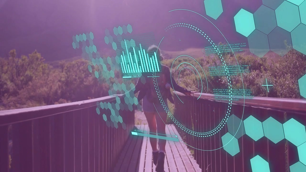 Woman walking on coastal boardwalk, camera following as tech HUD forming hex tiles, pulsing reticle