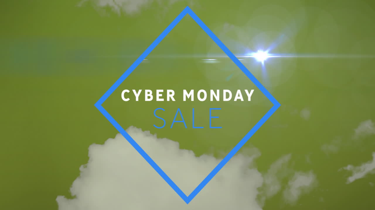 Cyber Monday Sale text on green background with blue diamond shape animation