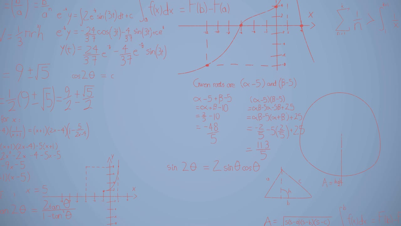 파란색 배경 위의 수학 방정식의 애니메이션