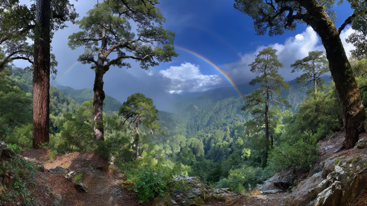 A Serene Landscape Unveiling a Vibrant Rainbow Amidst Majestic Trees and Lush Greenery, Showcasing Nature’s Beauty in a Tranquil Mountain Setting