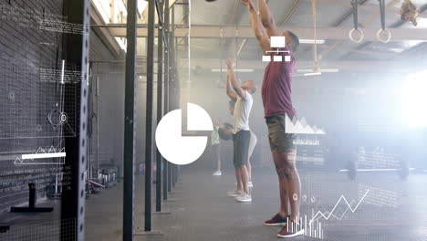 animation of data processing and business icons over diverse sports people exercising at gym