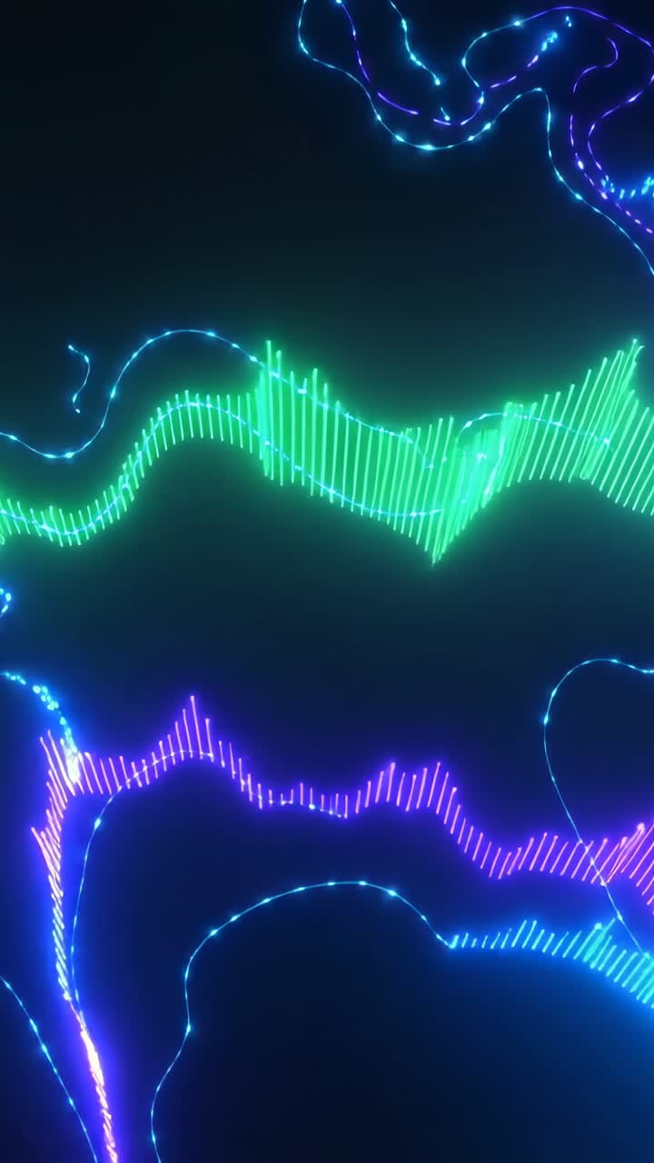 Vertical video: Starting playback 3 neon waves pulsing bars tracing ribbons on dark canvas rhythmic