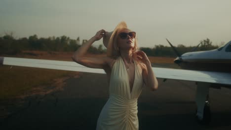stylish woman at airport with private jet