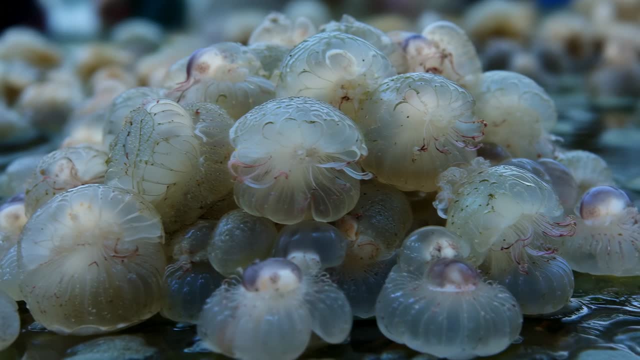 Shifting cluster of pale jellies showing underside on tidepool rock, thin water film causing motion