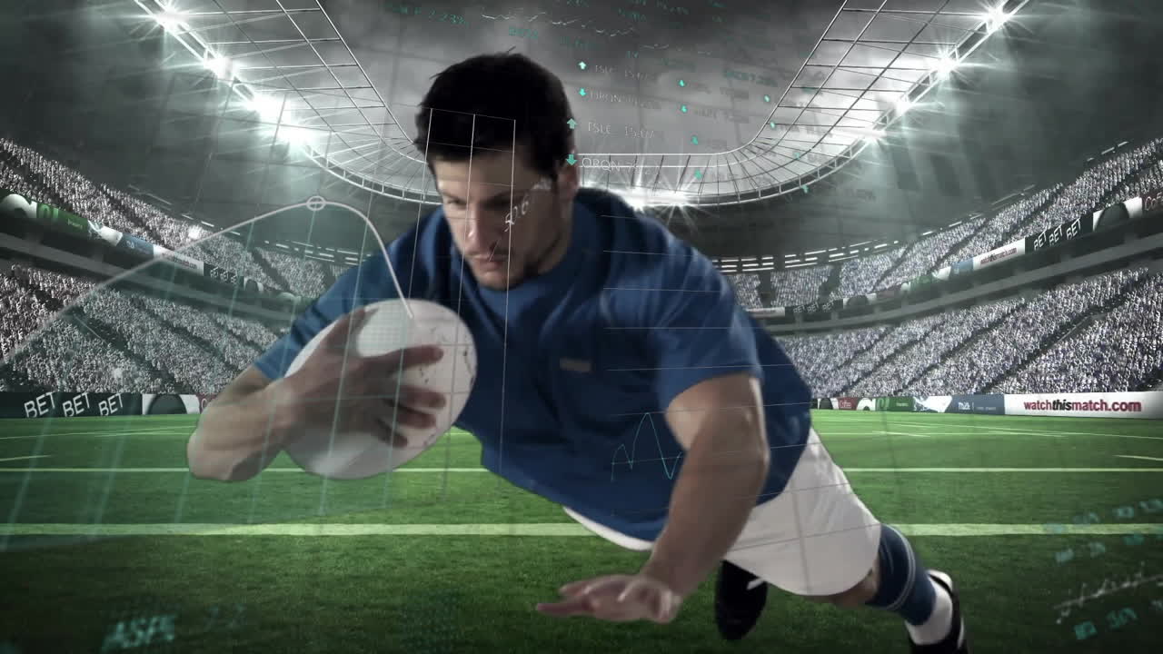 In stadium, rugby player in blue uniform diving to score try, animation