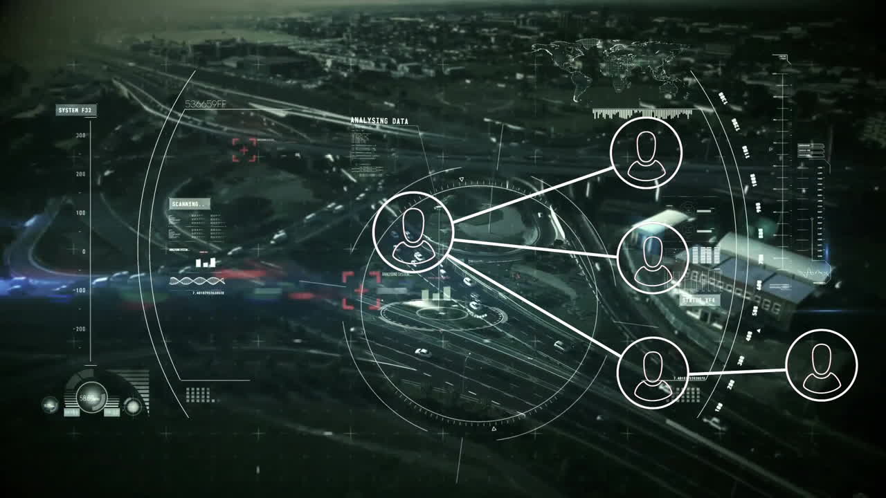 animación de la red de conexiones con personas iconos y procesamiento de datos y paisaje urbano