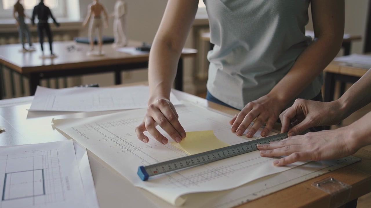 La fotocamera mette a fuoco le mani che indossano una maglietta blu mentre posizionano un appunto e fanno scorrere un righello sui progetti misurando in studio