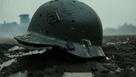 a world war ii german helmet lies in a battlefield