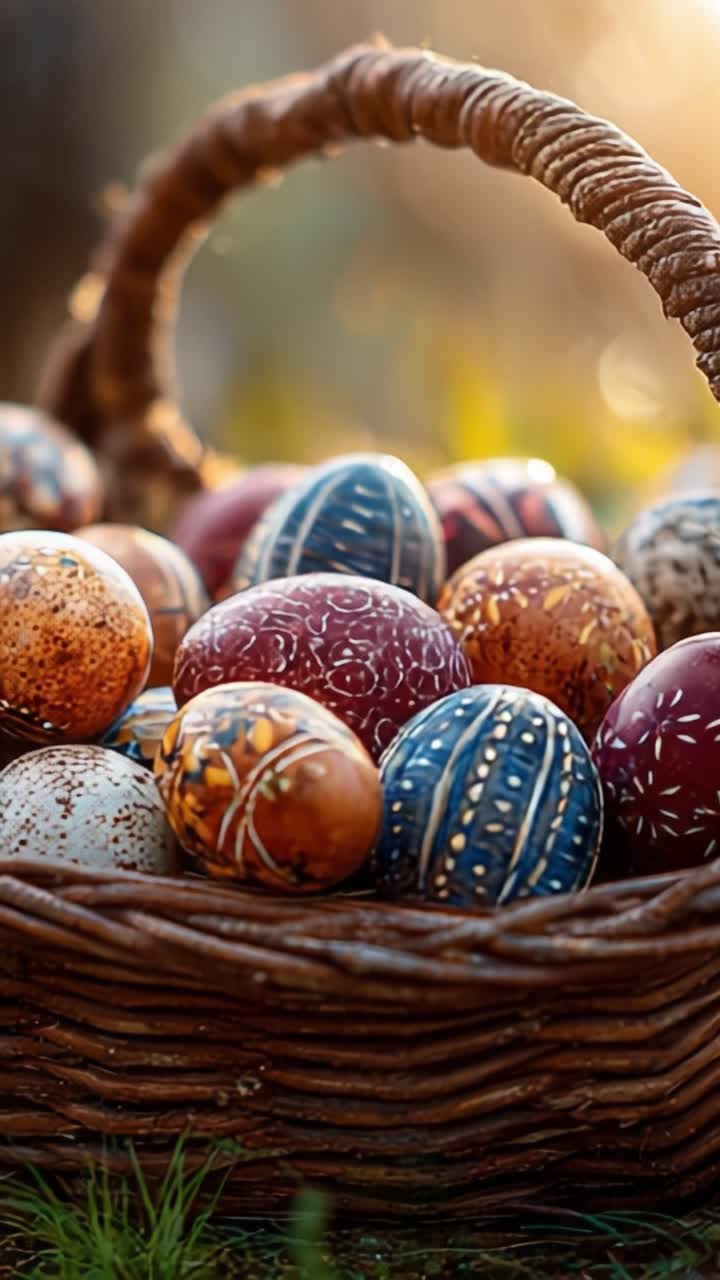 A Vibrant Display of Hand-Painted Easter Eggs in a Rustic Basket, Celebrating Spring's Arrival and Traditional Craftsmanship