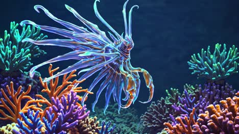 fantasy underwater creature in a vibrant coral reef