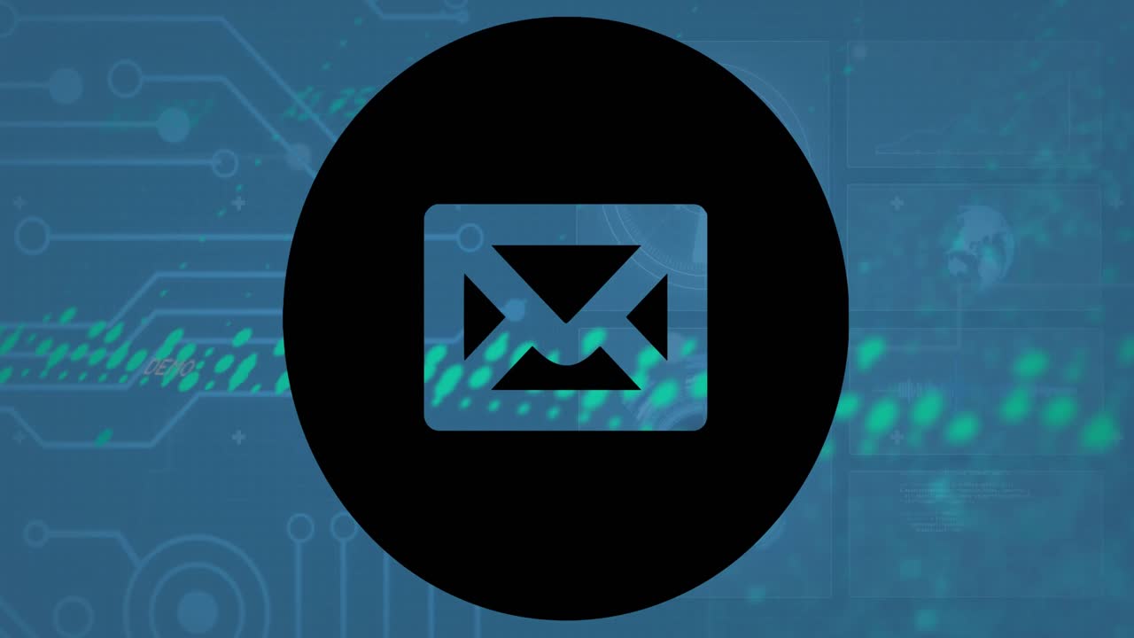 Animation of message icon over interface with data processing against blue background