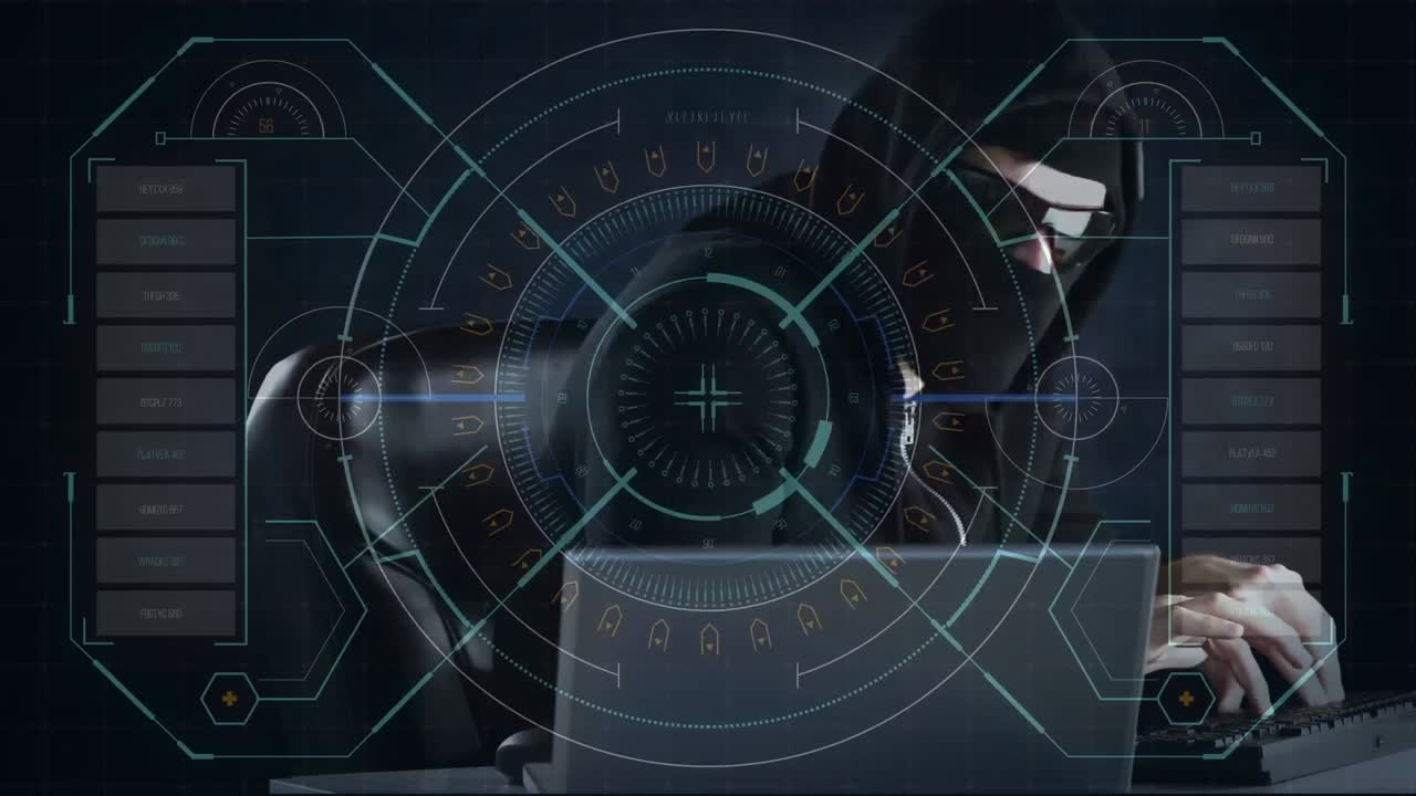 animación de la interfaz digital sobre el hacker con el portátil