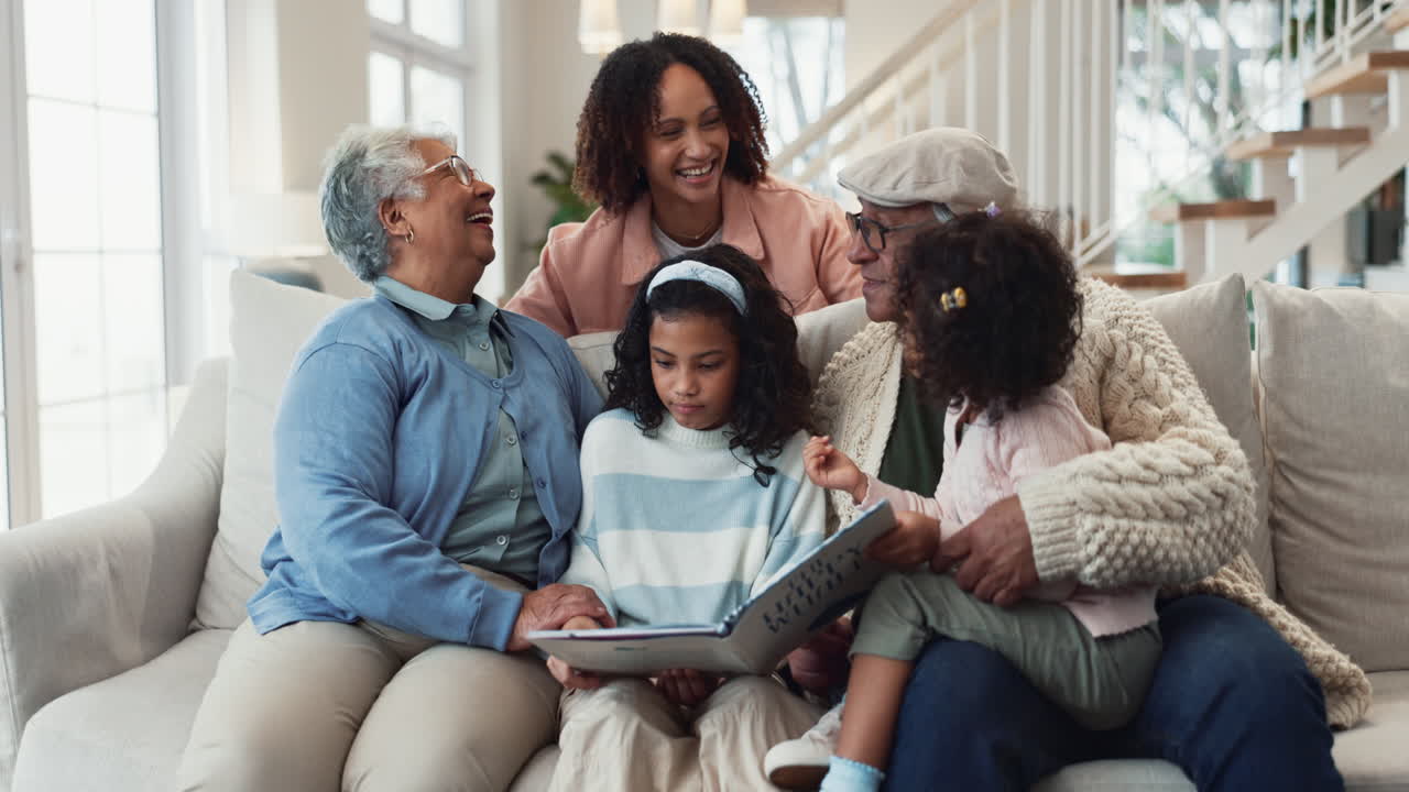 A multi-generational family enjoys a book together