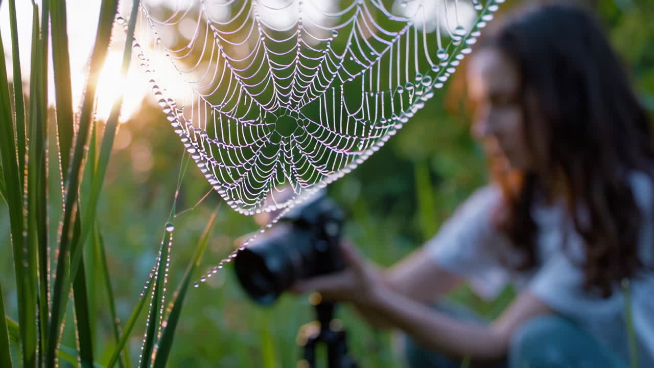Dew-kissed spiderweb in the morning light