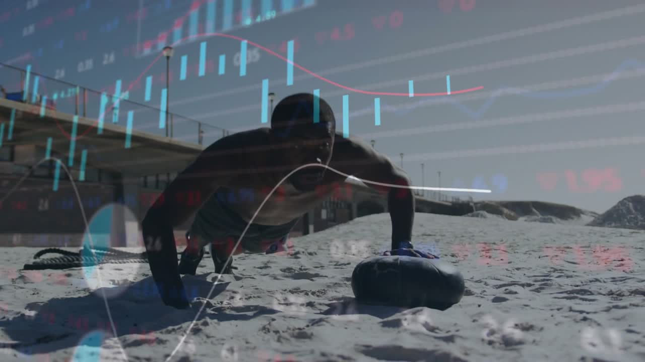 Male athlete moving plank into alternating sandbag push-ups beachside syncing finance charts rising
