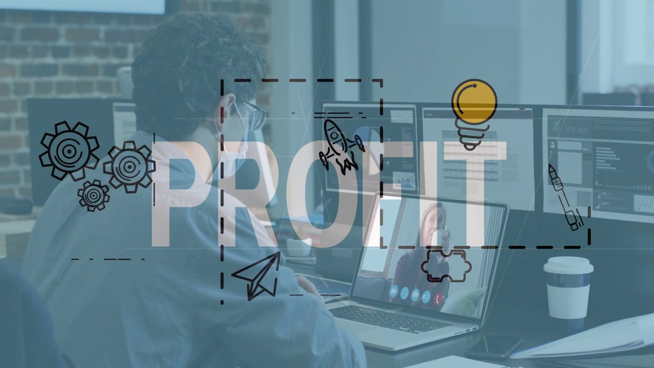 Man on call at desk activating overlays linking laptop monitors forming PROFIT and showing business