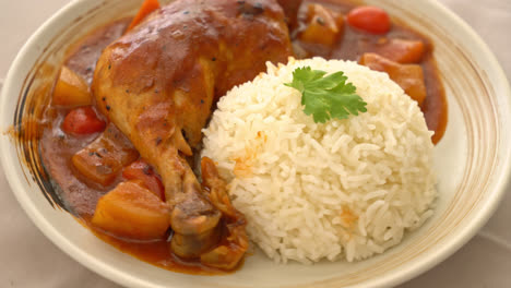 homemade chicken stew with tomatoes, onions, carrot and potatoes on plate with rice