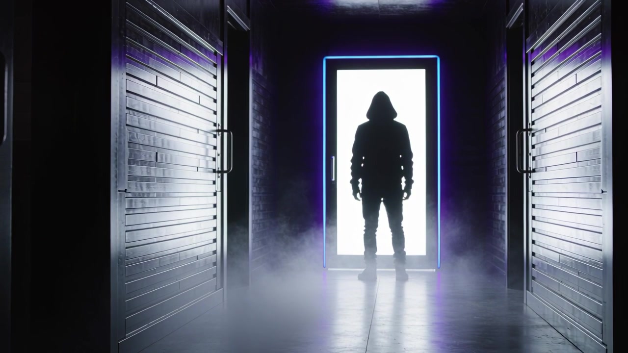 Standing figure in hooded jacket centered in narrow hall, fog machine ramping up near neon doorway