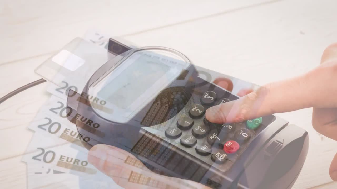 유로 지폐가 결제 터미널을 들고 있는 백인 남자의 손에서 떨어지는 애니메이션