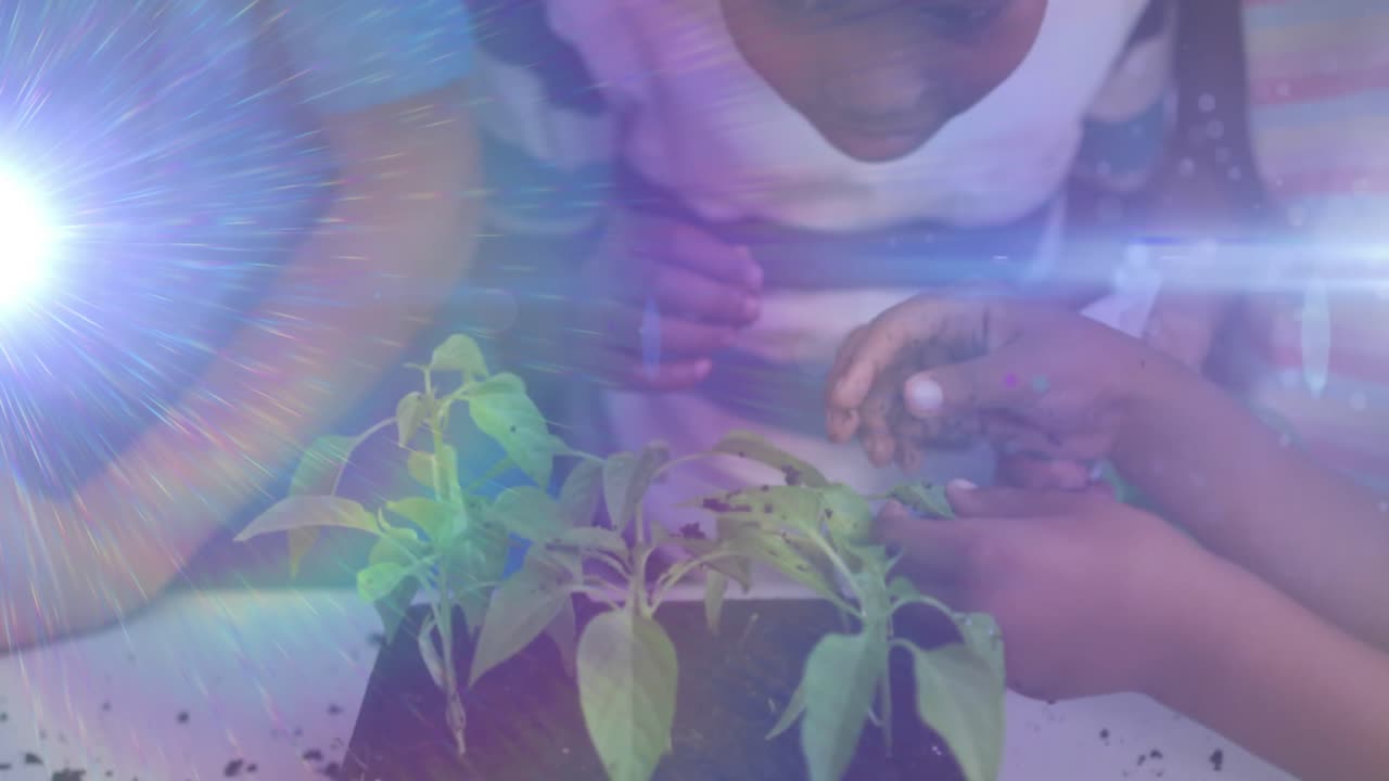 animación de senderos de luz sobre diversos escolares que sostienen plantas