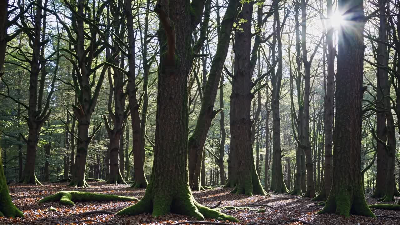 Scena maestosa di una foresta illuminata dal sole con muschio