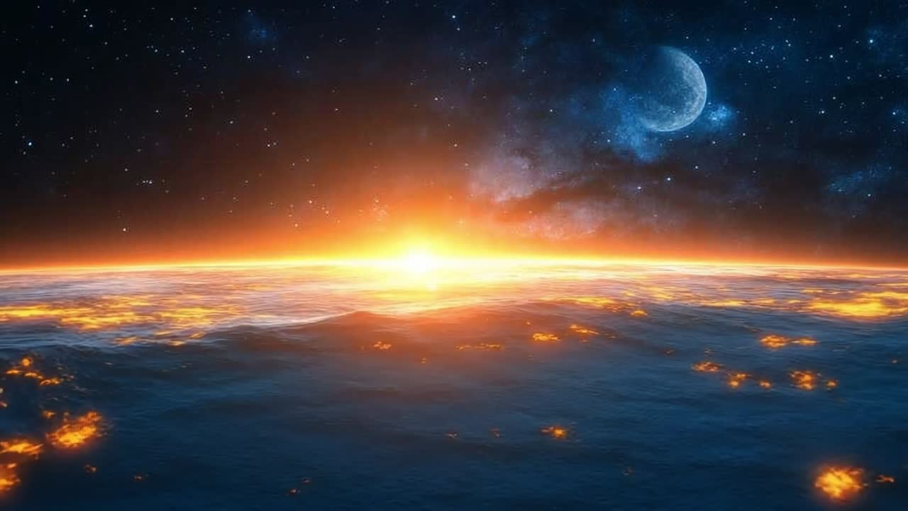 Vibrant sunrise over a distant planet. A stunning sunrise lights up an alien horizon with bright orange hues and distant stars in the night sky.