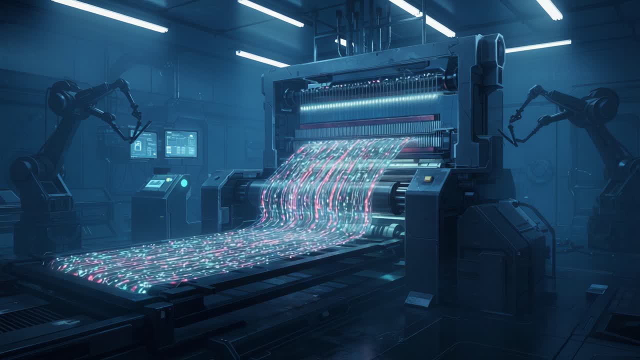 Advanced Industrial Machinery Producing Stream of Data in High-Tech Lab with Robotic Arms and Glowing Cables for Future Manufacturing Processes