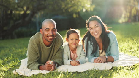 Face,-happy-family-and-picnic-blanket-at-park-to