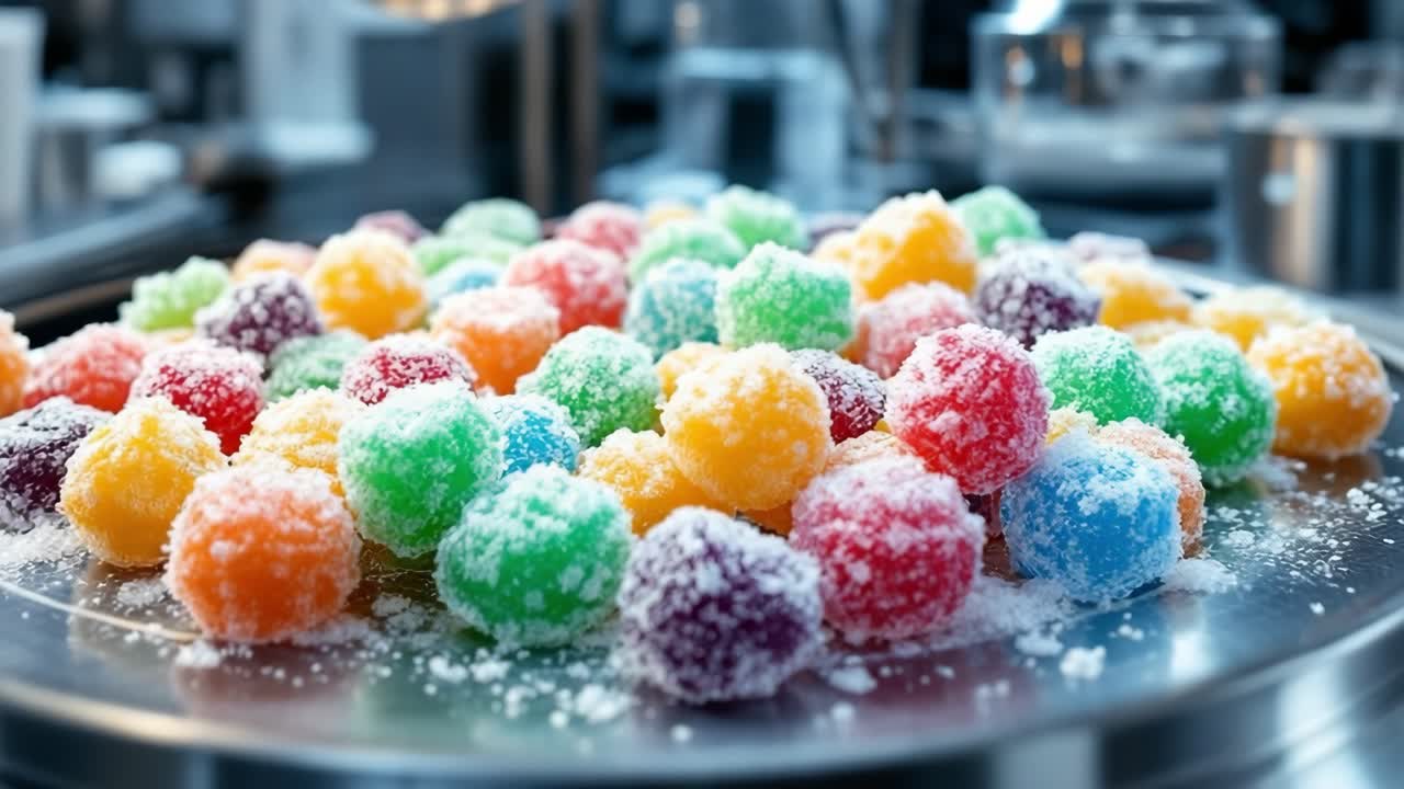 Colorful candy balls in various shades are arranged on a shiny metal tray, showcasing a delightful assortment of sugary treats that create a vibrant and inviting atmosphere for sweet lovers
