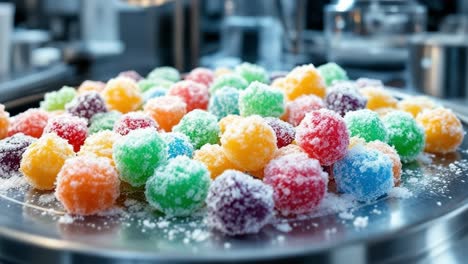 Colorful candy balls in various shades are arranged on a shiny metal tray, showcasing a delightful assortment of sugary treats that create a vibrant and inviting atmosphere for sweet lovers