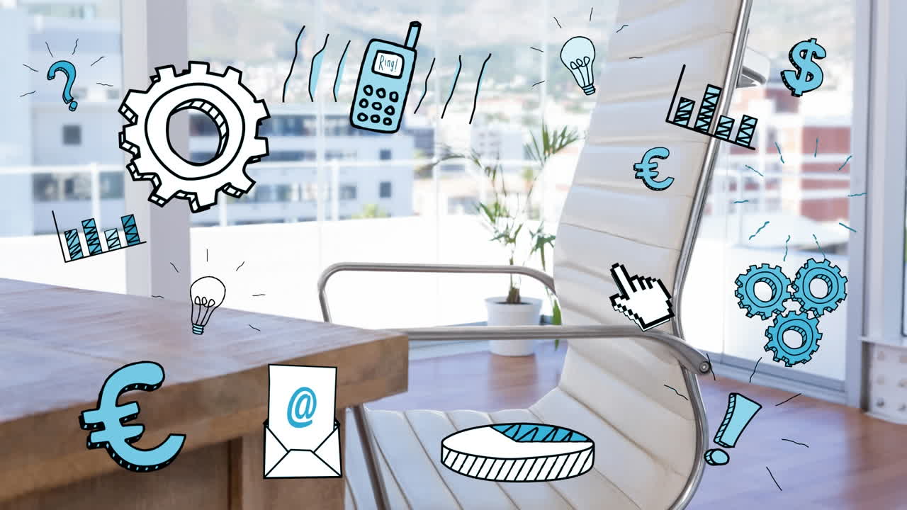 Animation of multiple digital icons against desk at office