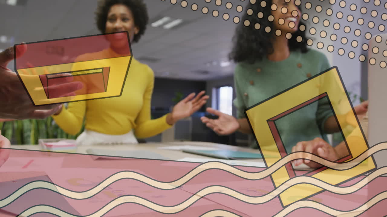 Abstract shapes and lines animation over diverse women discussing in office