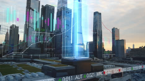 stock market charts and financial data on new york city background - 3d vfx render