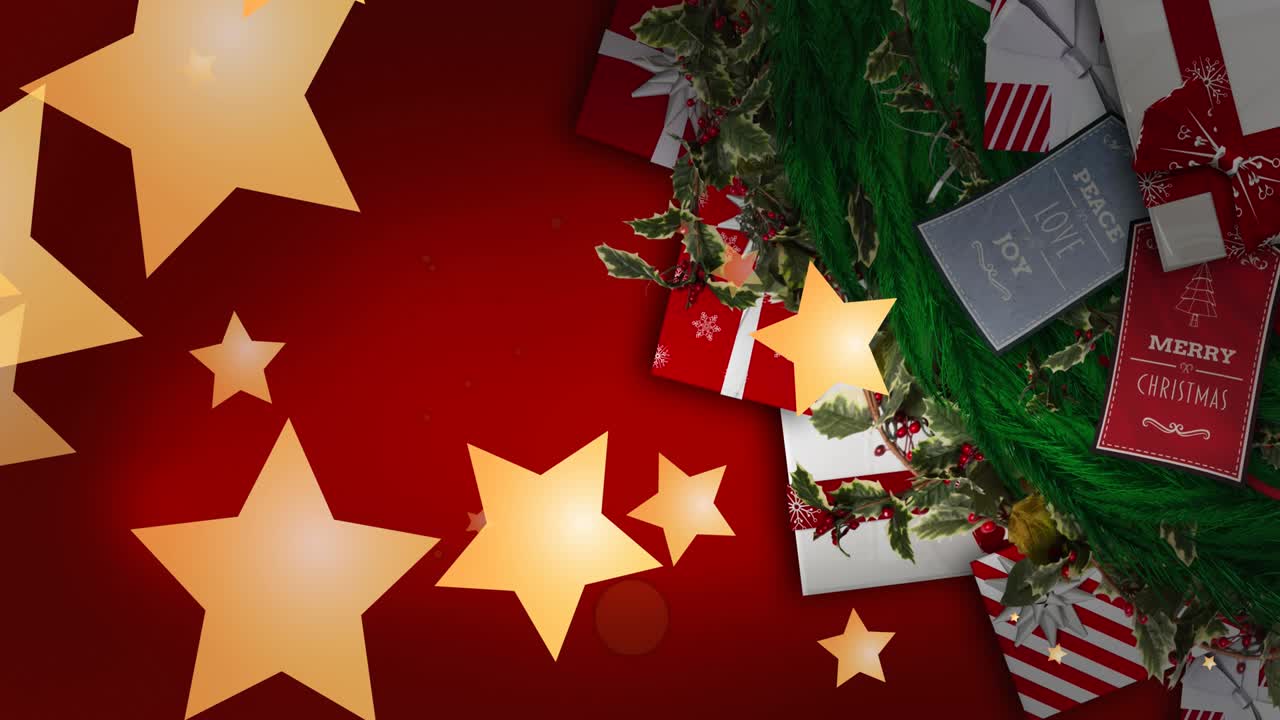 ⁇ 은 배경 에 있는 크리스마스 선물 위 에 떨어지는 반 ⁇ 이는 별 들 의 애니메이션